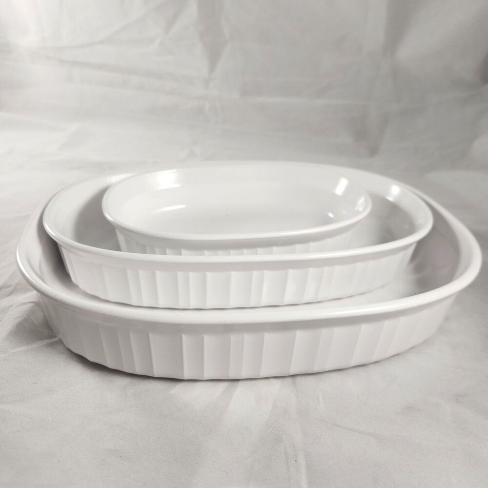 3 Corning Ware French White Oval Casseroles - 475ml F-15-B, 1L F-7-B, 1.8L F-6-B